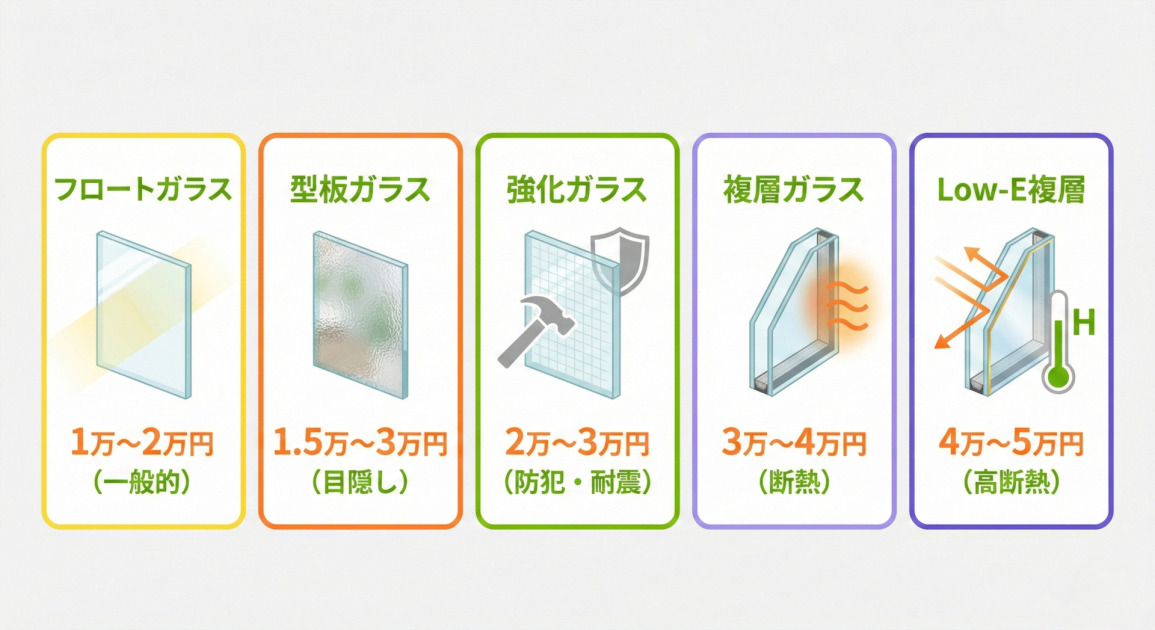 窓ガラスの種類別費用と特徴を比較したイラスト。5種類のガラスについて、イラスト付きで解説されている。フロートガラス（一般的）は1万〜2万円、型板ガラス（目隠し）は1.5万〜3万円、強化ガラス（防犯・耐震）は2万〜3万円、複層ガラス（断熱）は3万〜4万円、Low-E複層ガラス（高断熱）は4万〜5万円と、それぞれの特徴と費用相場が示されている。