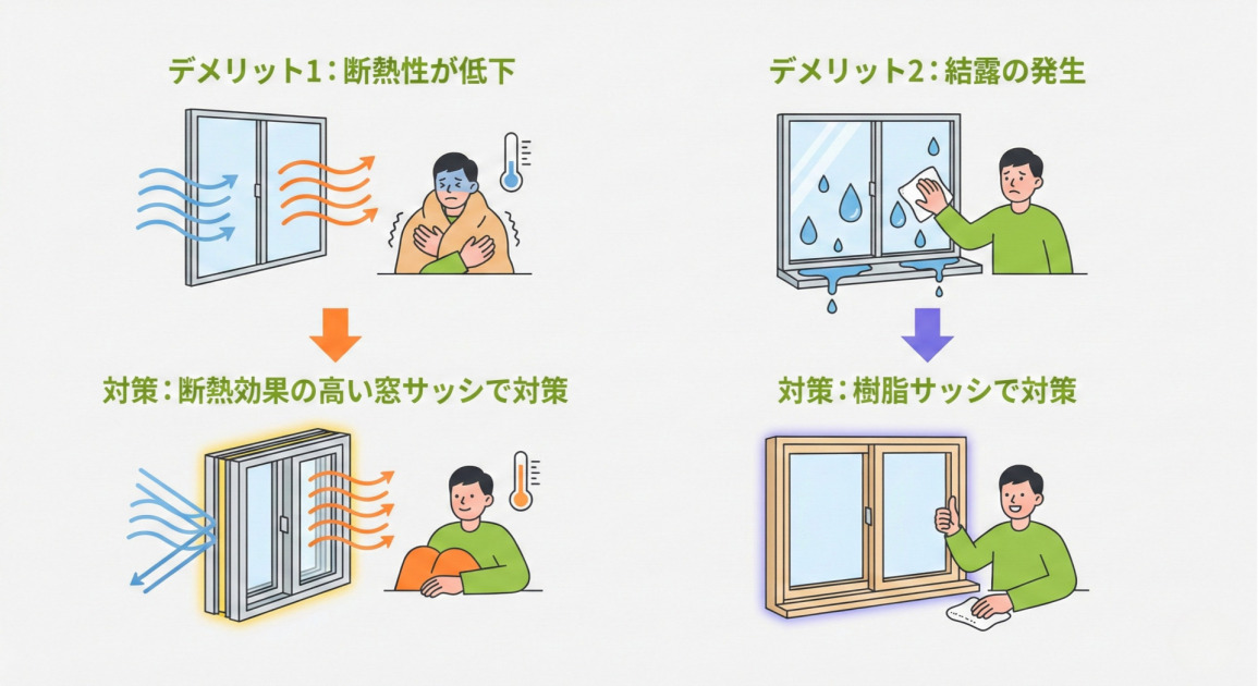 窓増設の2つのデメリットとそれに対する対策を、イラストとテキストで対比して解説したインフォグラフィック。
画像の左側は「デメリット1: 断熱性が低下」と題され、窓から冷気が入り暖気が逃げていく様子と、毛布にくるまり震える人物、低い温度を示す温度計のイラストがある。オレンジ色の矢印で下段の「対策: 断熱効果の高い窓サッシで対策」へ繋がり、そこには冷気を遮断し暖気を保持する構造の窓と、快適そうに過ごす人物、適切な温度を示す温度計が描かれている。
画像の右側は「デメリット2: 結露の発生」と題され、窓ガラスとサッシが水滴で濡れ、それを拭く困った表情の人物のイラストがある。紫色の矢印で下段の「対策: 樹脂サッシで対策」へ繋がり、そこには結露がなく乾いた状態の木目調の樹脂サッシ窓と、笑顔で親指を立てる人物が描かれている。