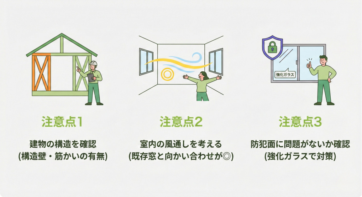 失敗しないための3つの注意点を示すインフォグラフィック。注意点1は「建物の構造を確認(構造壁・筋かいの有無)」で、建物の骨組みを確認する人物のイラストが添えられています。注意点2は「室内の風通しを考える(既存窓と向かい合わせが推奨)」で、向かい合った窓の間を風が通り抜ける部屋のイラストがあります。注意点3は「防犯面に問題がないか確認(強化ガラスで対策)」で、鍵のアイコンと「強化ガラス」のラベルが付いた窓のイラストが描かれています。