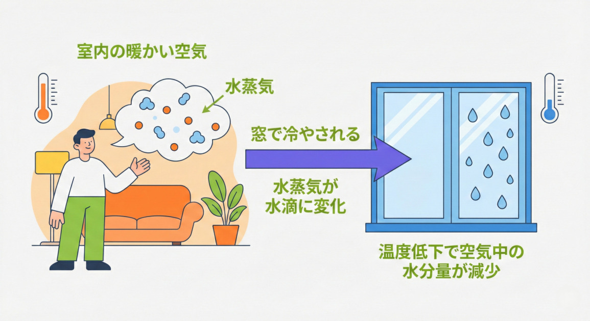 窓の結露が発生する仕組みを説明するイラスト。左側の「室内の暖かい空気」に含まれる水蒸気が、中央の矢印で示されるように冷たい窓ガラスに触れて冷やされ、「水蒸気が水滴に変化」する様子が描かれている。右側には水滴がついた窓と、温度計による「温度低下」が示されており、その下に「温度低下で空気中の水分量が減少」と説明されている。