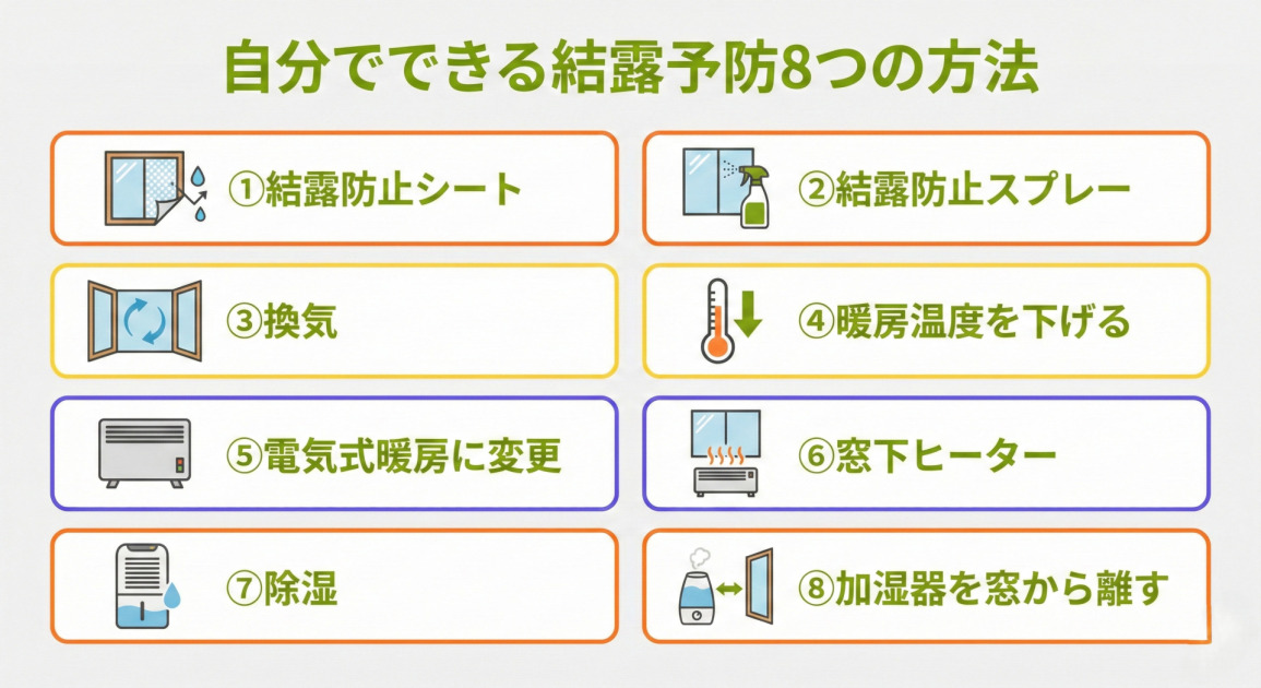 「自分でできる結露予防8つの方法」と題したインフォグラフィック。オレンジ、黄色、紫の枠線で囲まれた8つのパネルが2列4段に配置されている。 1段目左：窓にシートを貼るイラストと「①結露防止シート」。右：窓にスプレーするイラストと「②結露防止スプレー」。 2段目左：開いた窓と空気の流れを示す矢印のイラストと「③換気」。右：温度計と下向き矢印のイラストと「④暖房温度を下げる」。 3段目左：電気ストーブのイラストと「⑤電気式暖房に変更」。右：窓の下に置かれたヒーターのイラストと「⑥窓下ヒーター」。 4段目左：除湿機のイラストと「⑦除湿」。右：加湿器と窓の間に距離を置くイラストと「⑧加湿器を窓から離す」。