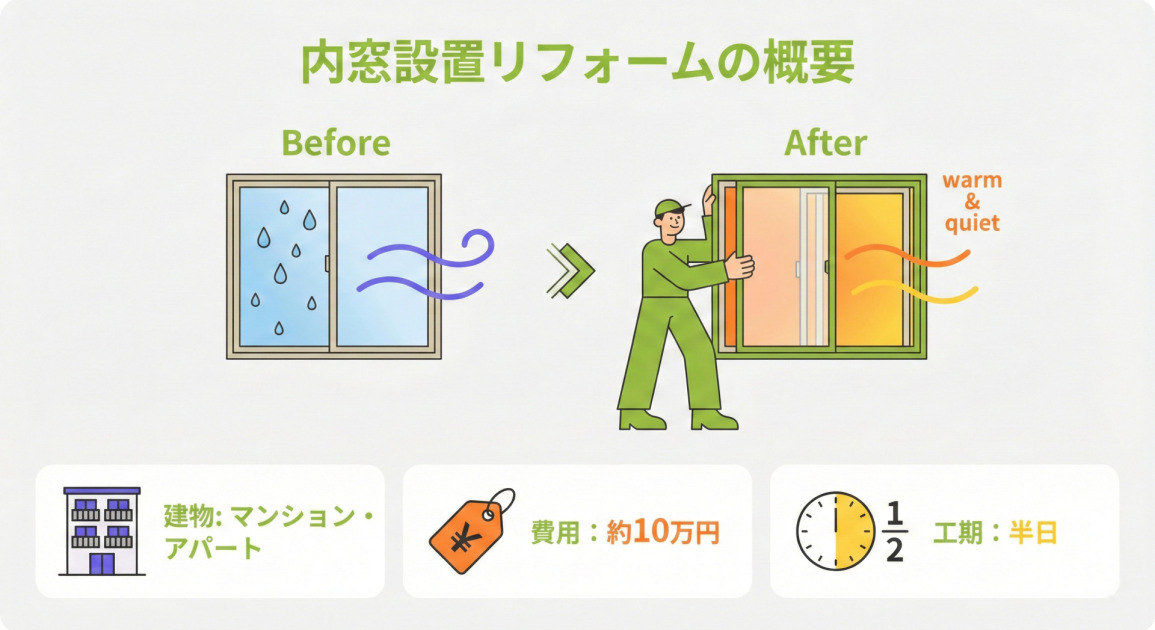 内窓設置リフォームの概要を示すインフォグラフィック。「Before」の図では結露し隙間風が入る窓が、「After」の図では作業員が既存の窓の内側に新しい窓を設置し、暖かく静かな環境になる様子が描かれている。下部には、対象建物が「マンション・アパート」、費用が「約10万円」、工期が「半日」であることが、それぞれアイコンとテキストで示されている。