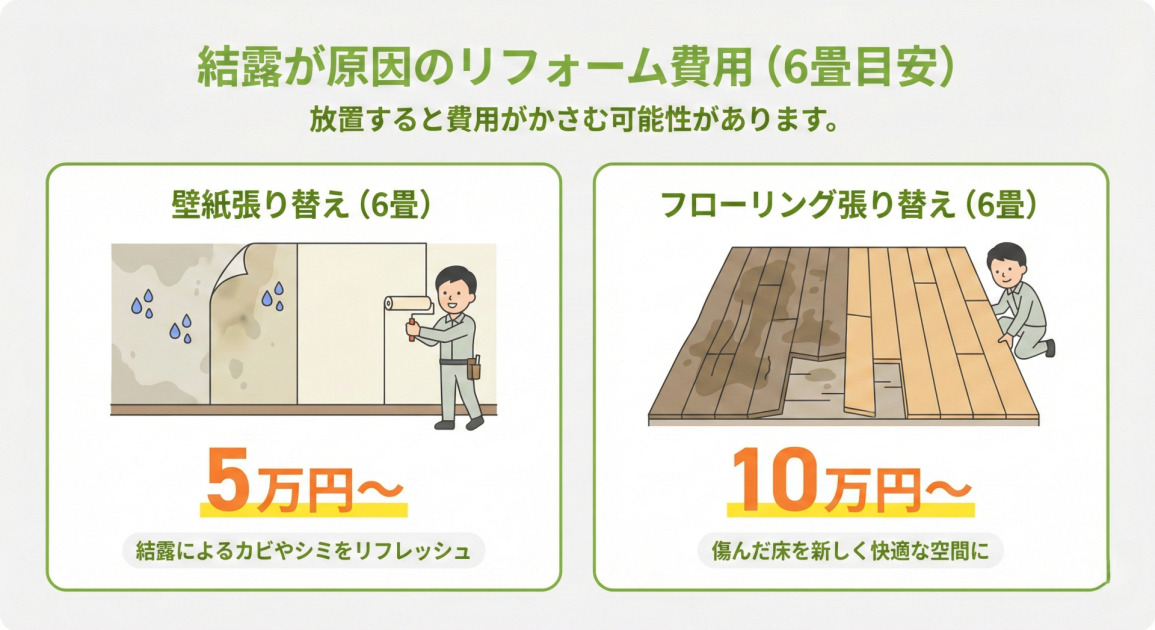 結露が原因のリフォーム費用（6畳目安）を示すインフォグラフィック。「放置すると費用がかさむ可能性があります。」とサブタイトルがある。 左側のパネルは「壁紙張り替え（6畳）」。結露でカビやシミが発生し剥がれかけた古い壁紙を作業員が新しい白い壁紙に張り替えているイラストとともに、費用目安が「5万円〜」と大きく表示され、下に「結露によるカビやシミをリフレッシュ」と記載されている。 右側のパネルは「フローリング張り替え（6畳）」。結露で傷み変色した古いフローリングを作業員が新しい明るい色のフローリングに張り替えているイラストとともに、費用目安が「10万円〜」と大きく表示され、下に「傷んだ床を新しく快適な空間に」と記載されている。 全体の背景は白、文字は緑色、費用の数字はオレンジ色で強調されている。
