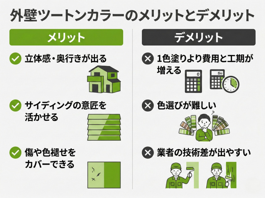 外壁塗装2色塗りのメリット3点とデメリット3点の比較図