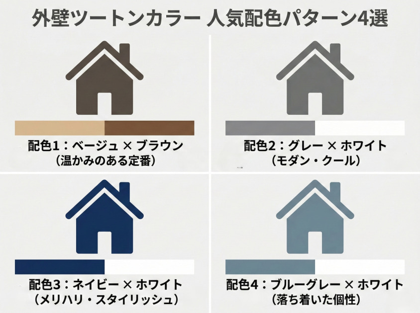 外壁ツートンカラーの人気配色4パターン一覧（ベージュ×ブラウン、グレー×ホワイト、ネイビー×ホワイト、ブルーグレー×ホワイト）