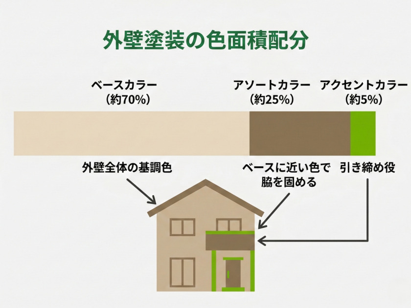 外壁塗装の色の面積比を示す帯グラフ（ベースカラー70%・アソートカラー25%・アクセントカラー5%）