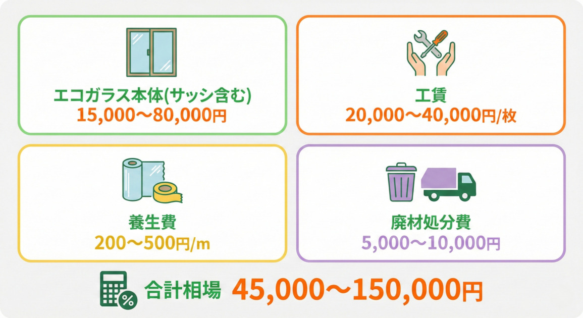 エコガラス交換リフォームの費用内訳を示すインフォグラフィック。 エコガラス本体(サッシ含む)は15,000〜80,000円、 工賃は1枚あたり20,000〜40,000円、 養生費は1メートルあたり200〜500円、 廃材処分費は5,000〜10,000円、 合計相場は45,000〜150,000円となっています。