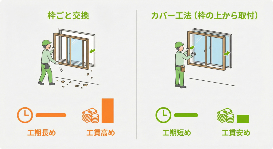 サッシ交換の2つの工法、「枠ごと交換」と「カバー工法」を比較するインフォグラフィック。左側の「枠ごと交換」では、作業員が古い枠を解体するイラストと共に、工期が長めで工賃が高めであることが示されている。右側の「カバー工法（枠の上から取付）」では、作業員が既存の枠の上に新しい枠を取り付けるイラストと共に、工期が短めで工賃が安めであることが示されている。