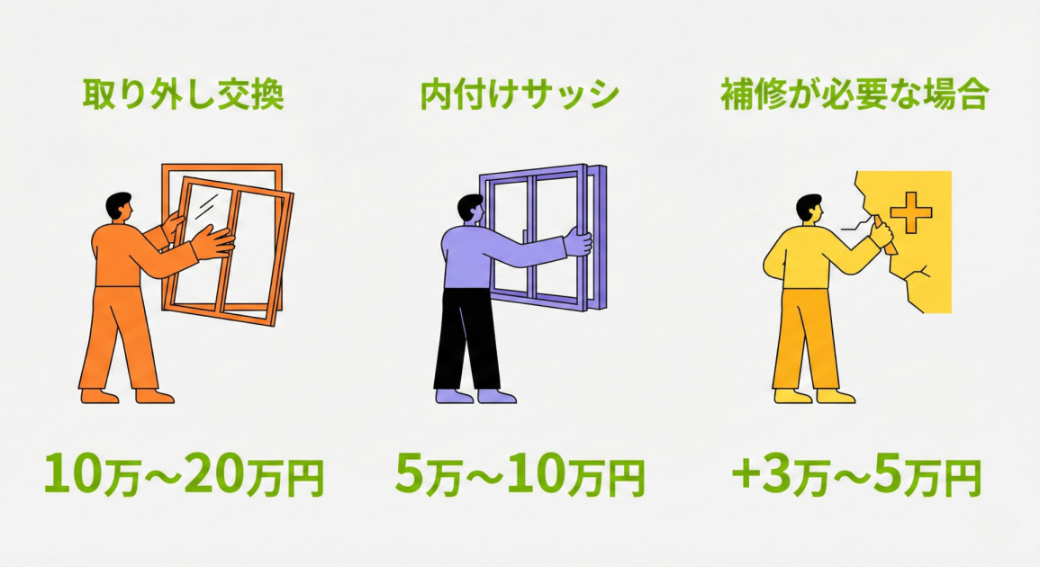 工法別リフォーム費用の比較インフォグラフィック。取り外し交換は10万〜20万円、内付けサッシは5万〜10万円、補修が必要な場合は追加で3万〜5万円かかることを、それぞれの工法を示すイラストとともに表示している。