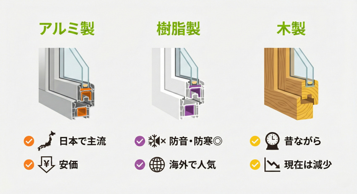サッシ素材3種類の特徴比較インフォグラフィック。左からアルミ製（断面図、日本で主流・安価）、樹脂製（断面図、防音・防寒◎・海外で人気）、木製（断面図、昔ながら・現在は減少）の特徴が、それぞれのアイコンと共に記載されている。