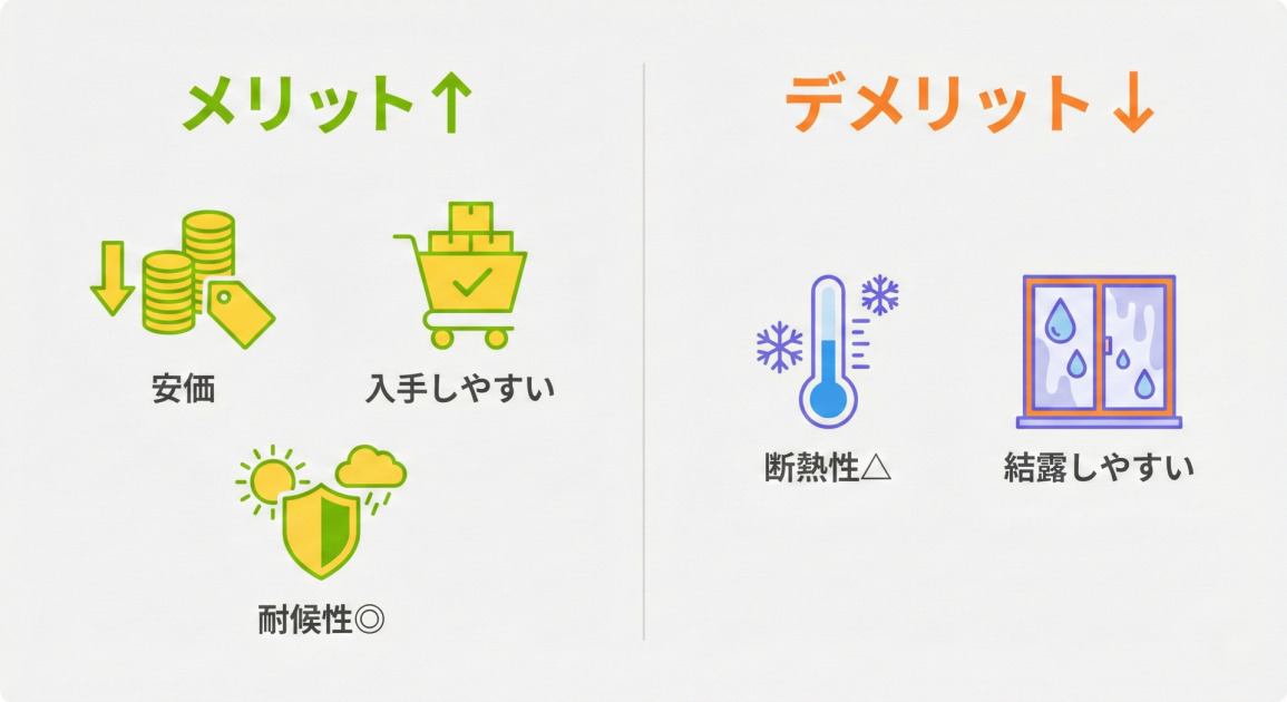 アルミサッシのメリットとデメリットを左右に分けて比較したインフォグラフィック。左側の『メリット↑』には、コインとタグのアイコンで『安価』、ショッピングカートのアイコンで『入手しやすい』、盾と天気のアイコンで『耐候性◎』の3点が示されている。右側の『デメリット↓』には、温度計と雪の結晶のアイコンで『断熱性△』、結露した窓のアイコンで『結露しやすい』の2点が示されている。