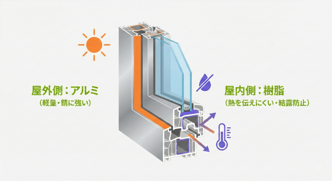 アルミ樹脂複合サッシの構造を示すインフォグラフィック。中央のサッシ断面図において、左側の屋外側はオレンジ色で強調され『アルミ（軽量・錆に強い）』と太陽のアイコンが、右側の屋内側は紫色で強調され『樹脂（熱を伝えにくい・結露防止）』と結露防止・熱遮断を示すアイコンと矢印が描かれている。