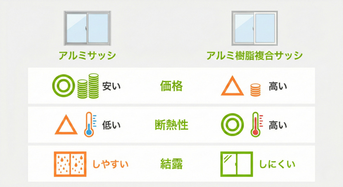 アルミサッシとアルミ樹脂複合サッシの性能比較インフォグラフィック。価格はアルミサッシが『安い（◎）』、アルミ樹脂複合サッシが『高い（△）』。断熱性はアルミサッシが『低い（△）』、アルミ樹脂複合サッシが『高い（◎）』。結露はアルミサッシが『しやすい』、アルミ樹脂複合サッシが『しにくい』と、それぞれのアイコンと共に示されている。
