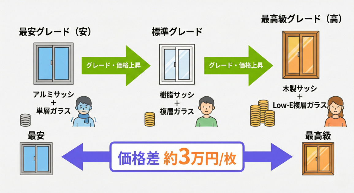 窓ガラスとサッシの素材別グレードと価格比較のインフォグラフィック。ガラスは単層からLow-E複層へ、サッシはアルミから木製へグレードと価格が上がる。最安の「アルミサッシ＋単層ガラス」と、最高級の「木製サッシ＋Low-E複層ガラス」の価格差は約3万円/枚と示されている。