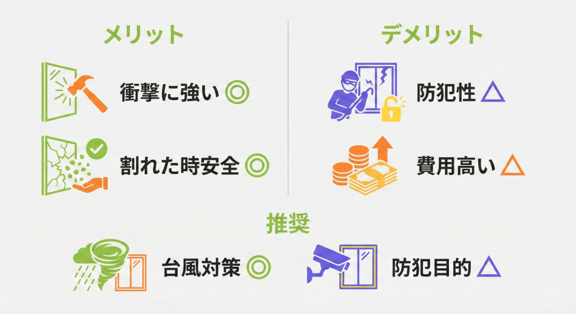 強化ガラスのメリット・デメリット比較のインフォグラフィック。左側の「メリット」欄には、ハンマーで叩いても割れないガラスのアイコンと共に「衝撃に強い（二重丸◎）」、粉々に砕けて手に乗っているガラスのアイコンと共に「割れた時安全（二重丸◎）」とある。右側の「デメリット」欄には、窓をこじ開けようとする泥棒のアイコンと共に「防犯性（三角△）」、積み上がったお金のアイコンと共に「費用高い（三角△）」とある。下部の「推奨」欄には、台風のアイコンと共に「台風対策（二重丸◎）」、防犯カメラのアイコンと共に「防犯目的（三角△）」と示されている。