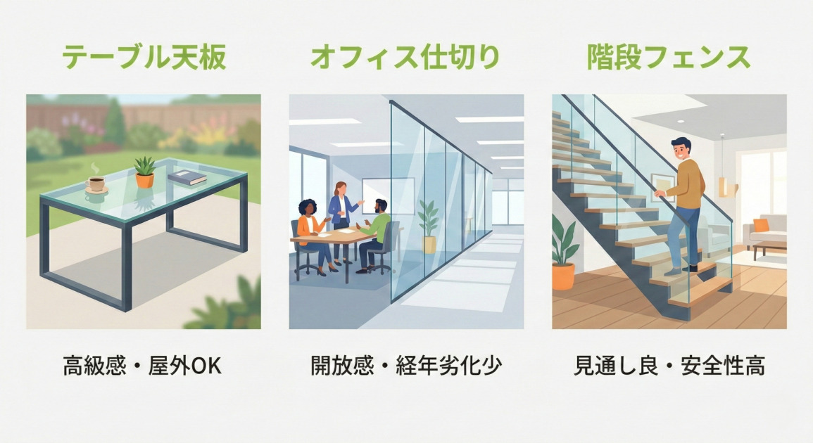 強化ガラスの活用シーンを紹介する3つの事例のインフォグラフィック。左側は「テーブル天板」の事例で、庭に置かれたガラステーブルのイラストとともに「高級感・屋外OK」と記されている。中央は「オフィス仕切り」の事例で、ガラスパーテーションで仕切られた明るい会議室のイラストとともに「開放感・経年劣化少」と記されている。右側は「階段フェンス」の事例で、ガラスの手すりが設置された階段を上る人物のイラストとともに「見通し良・安全性高」と記されている。