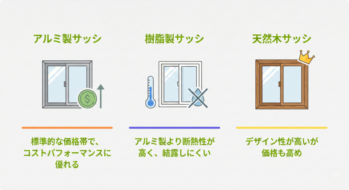 アルミ製、樹脂製、天然木の3種類のサッシの特徴を比較したインフォグラフィック。左から、アルミ製サッシは『標準的な価格帯で、コストパフォーマンスに優れる』、樹脂製サッシは『アルミ製より断熱性が高く、結露しにくい』、天然木サッシは『デザイン性が高いが価格も高め』と説明されている。それぞれの特徴を示すイラスト（アルミはコインと矢印、樹脂は温度計と結露防止、天然木は王冠）が添えられている。