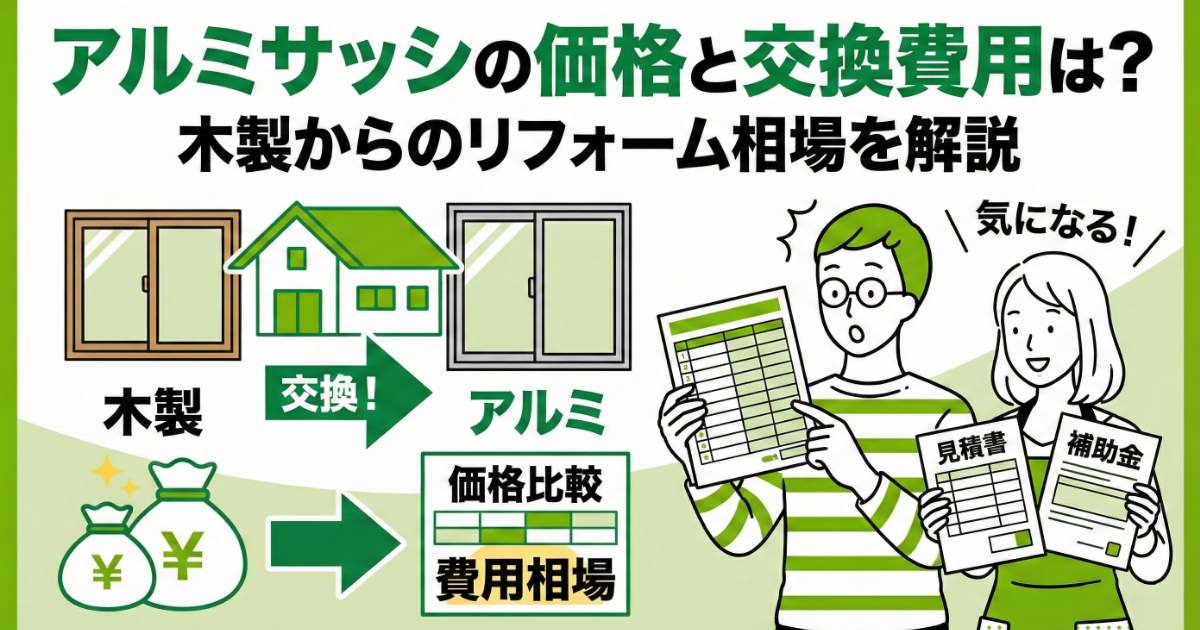 アイキャッチ画像：アルミサッシの価格と交換費用は？木製からのリフォーム相場を解説。左側には木製サッシからアルミサッシへの「交換！」を示すイラストと、お金の袋、「価格比較」「費用相場」の表があり、コスト面を視覚的に説明。右側には、見積書を見て驚く男性と、「補助金」の書類を持って微笑む女性のイラストがあり、「気になる！」という吹き出しが添えられている。全体的に緑色を基調とした、リフォームの費用や補助金に関する情報提供を目的としたデザイン。