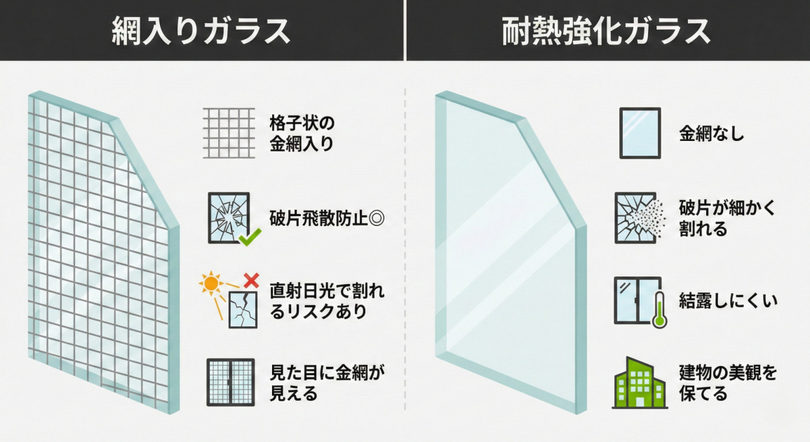 網入りガラスと耐熱強化ガラスの比較インフォグラフィック。左側に「網入りガラス」、右側に「耐熱強化ガラス」の見出しと、それぞれのガラスの立体的なイラスト、特徴を示すピクトグラムと説明文が並んでいる。
網入りガラスの特徴:ガラス板の中に格子状の金網が描かれている。説明は、格子状の金網入り(格子のピクトグラム)、破片飛散防止◎(割れたガラスとチェックマークのピクトグラム)、直射日光で割れるリスクあり(太陽と割れたガラス、×印のピクトグラム)、見た目に金網が見える(格子の窓のピクトグラム)。
耐熱強化ガラスの特徴:透明なガラス板が描かれている。説明は、金網なし(透明な窓のピクトグラム)、破片が細かく割れる(細かく砕けたガラスのピクトグラム)、結露しにくい(窓と温度計のピクトグラム)、建物の美観を保てる(ビルのピクトグラム)。
全体は影のないフラットなアイソタイプデザインで、背景色は薄いグレー、文字は濃いグレー、アクセントカラーは緑色。