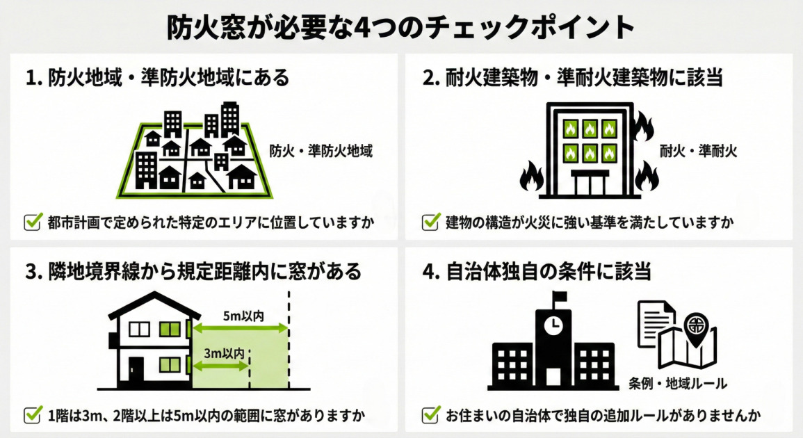 「防火窓が必要な4つのチェックポイント」と題したインフォグラフィック。防火窓の設置が必要となる4つの条件が、ピクトグラムとテキストで分かりやすく解説されている。内容は以下の通り。1. 防火地域・準防火地域にある、2. 耐火建築物・準耐火建築物に該当、3. 隣地境界線から規定距離内に窓がある(1階は3m以内、2階以上は5m以内)、4. 自治体独自の条件に該当。それぞれの項目にチェックマークと確認の質問が添えられている。全体は白背景に黒と緑のアクセントカラーを用いたフラットなデザイン。