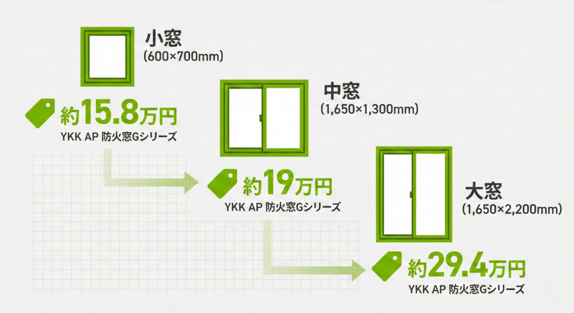 YKK AP防火窓Gシリーズの窓サイズ別価格比較を示すインフォグラフィック。背景は薄いグレーの方眼紙模様。左上から右下に向かって階段状に、小窓、中窓、大窓の情報が配置されている。
左上の「小窓 (600×700mm)」のセクションには、小さな正方形の窓のピクトグラムがあり、その下に緑色のタグアイコンとともに「約15.8万円」、「YKK AP 防火窓Gシリーズ」と記載されている。
そこから右下の「中窓 (1,650×1,300mm)」のセクションへ矢印が伸び、中くらいの引き違い窓のピクトグラムと、緑色のタグアイコン、「約19万円」、「YKK AP 防火窓Gシリーズ」の文字がある。
さらに右下の「大窓 (1,650×2,200mm)」のセクションへ矢印が伸び、大きな掃き出し窓のピクトグラムと、緑色のタグアイコン、「約29.4万円」、「YKK AP 防火窓Gシリーズ」と記載されている。
窓の枠とタグ、矢印はアクセントカラーの黄緑色で統一されている。