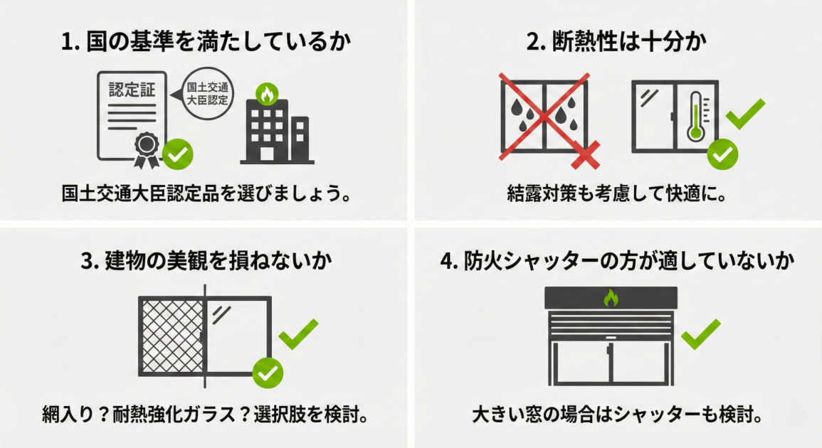 防火窓選びで失敗しないための4つのチェックポイントを、番号付きのパネルで解説したインフォグラフィック。
左上の「1. 国の基準を満たしているか」には、認定証とビルのイラスト、そして「国土交通大臣認定品を選びましょう。」というテキストがある。
右上の「2. 断熱性は十分か」には、結露した窓にバツ印、断熱性の高い窓にチェック印と温度計のイラスト、「結露対策も考慮して快適に。」というテキストがある。
左下の「3. 建物の美観を損ねないか」には、網入りガラスと透明な耐熱強化ガラスの比較イラスト、「網入り?耐熱強化ガラス?選択肢を検討。」というテキストがある。
右下の「4. 防火シャッターの方が適していないか」には、防火シャッターと窓のイラスト、「大きい窓の場合はシャッターも検討。」というテキストがある。
全体は白背景に黒と緑のアクセントカラーを用いた、フラットなデザイン。