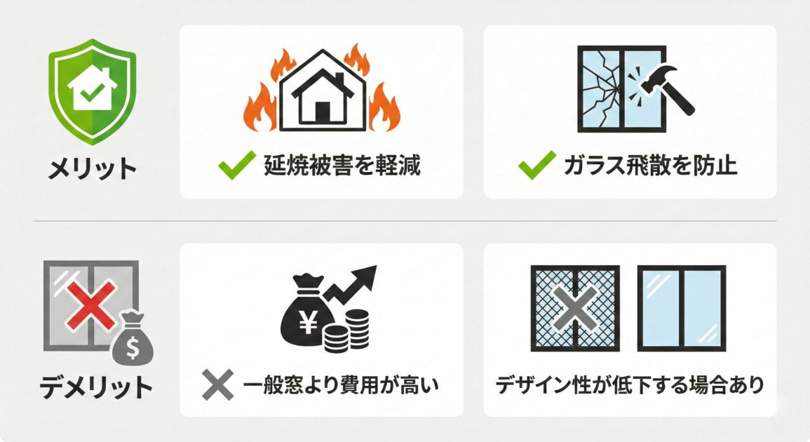 防火窓のメリットとデメリットをピクトグラムで比較したインフォグラフィック。
上段は「メリット」で、緑色の盾と家のアイコン。「延焼被害を軽減」は燃える家のピクトグラムとチェックマーク。「ガラス飛散を防止」は割れたガラスとハンマーのピクトグラムとチェックマーク。
下段は「デメリット」で、窓に×印と金袋のアイコン。「一般窓より費用が高い」は金袋と上昇矢印のピクトグラムと×印。「デザイン性が低下する場合あり」は網入りガラスと透明ガラスの比較ピクトグラムと×印。
全体は白背景で、メリットは緑色、デメリットはグレーと赤色で色分けされている。影のないフラットデザイン。