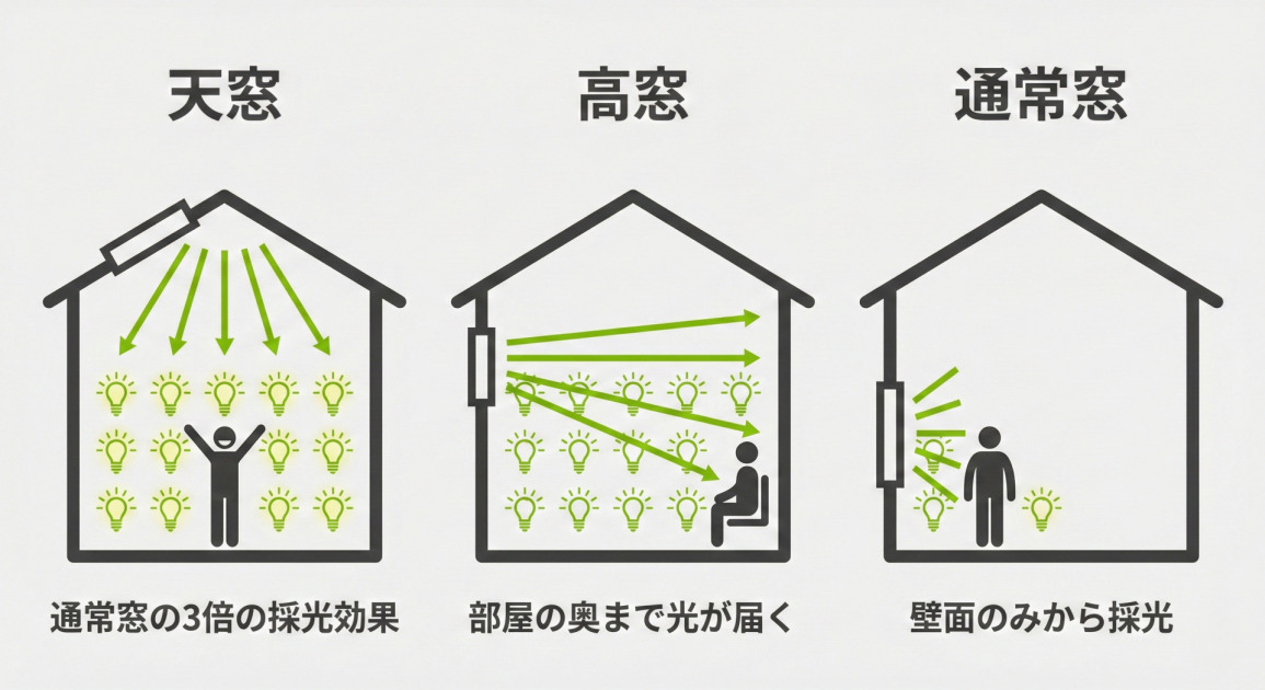 天窓、高窓、通常窓の3種類の窓による採光効果の違いを比較したインフォグラフィック。
左側は「天窓」で、屋根に設置された窓から大量の光が部屋全体に降り注ぎ、多くの電球マークが点灯し、人物が両手を挙げて喜んでいるピクトグラムとともに、「通常窓の3倍の採光効果」と記述されている。
中央は「高窓」で、壁の高い位置にある窓から光が部屋の奥まで長く伸び、奥に座っている人物まで届いているピクトグラムとともに、「部屋の奥まで光が届く」と記述されている。
右側は「通常窓」で、壁の通常の高さにある窓から光が窓周辺の壁面と床の一部のみを照らし、人物の足元付近にある少数の電球マークのみが点灯しているピクトグラムとともに、「壁面のみから採光」と記述されている。