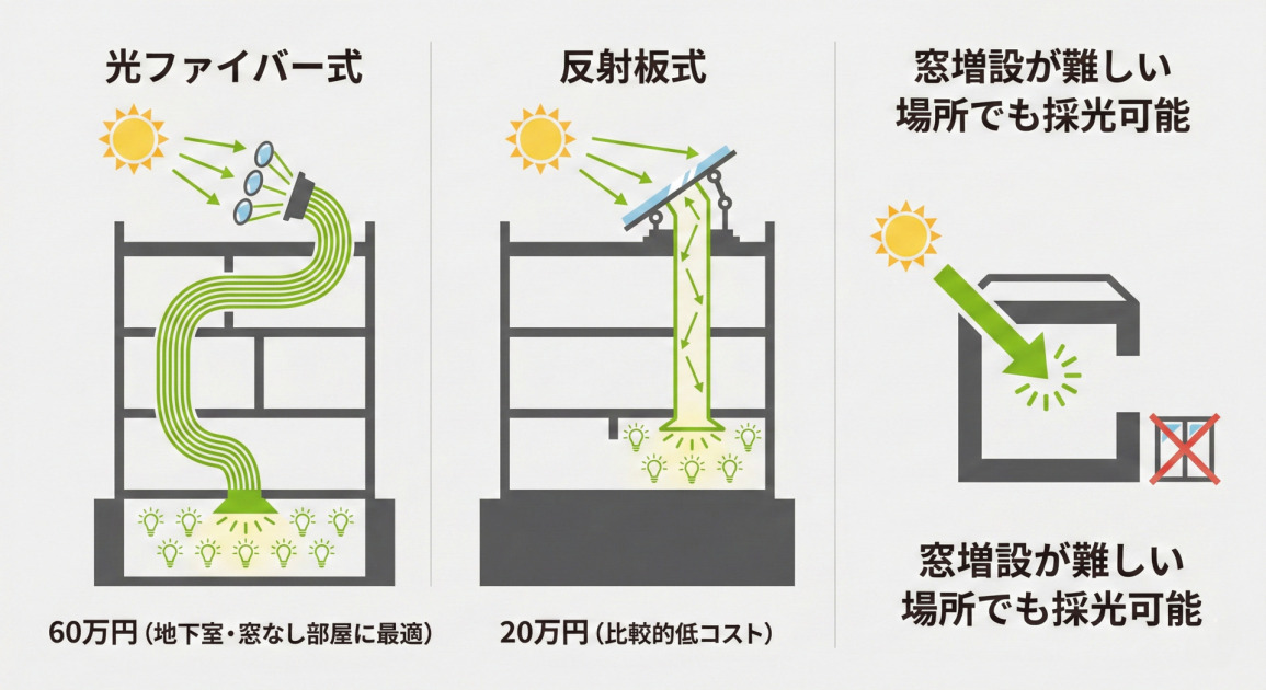 太陽光採光システムの仕組みと特徴を説明するインフォグラフィック。左側の「光ファイバー式」は、屋根の集光装置から光ファイバーケーブルが建物の壁の中を通り、地下室まで光を届けて電球が点灯している様子を図示。「60万円(地下室・窓なし部屋に最適)」と記述。中央の「反射板式」は、屋根の反射板とダクト内のミラーで光を反射させ、下層階の部屋に光を届けている様子を図示。「20万円(比較的低コスト)」と記述。右側の「窓増設が難しい場所でも採光可能」は、窓が設置できない壁に太陽光が矢印で直接導入され、内部が明るくなる様子を窓のバツ印とともに図示。全体はフラットデザインで、アクセントカラーの黄緑色が光の経路や強調に使用されています。