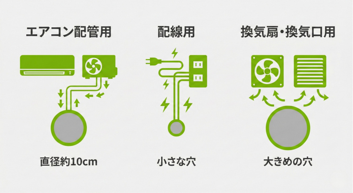 外壁穴あけの主な用途と穴のサイズを比較した図。左から、エアコン配管用は直径約10cm、配線用は小さな穴、換気扇・換気口用は大きめの穴であることを、各機器のイラストと共に示している。