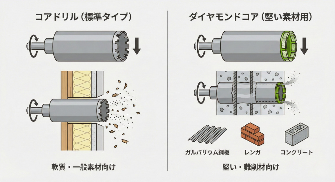 標準タイプのコアドリルと堅い素材用のダイヤモンドコアの違いを説明する比較図。左側は「コアドリル（標準タイプ）」で、ギザギザの刃を持つビットが木材や複合壁を穿孔し、大きな切り屑が出ている様子と、「軟質・一般素材向け」という説明がある。右側は「ダイヤモンドコア（堅い素材用）」で、刃先にダイヤモンドチップが付いたビットが鉄筋コンクリートを穿孔し、細かい粉塵が出ている様子と、ガルバリウム鋼板、レンガ、コンクリートのイラスト、「堅い・難削材向け」という説明がある。両方に回転と下降を示す矢印が添えられている。