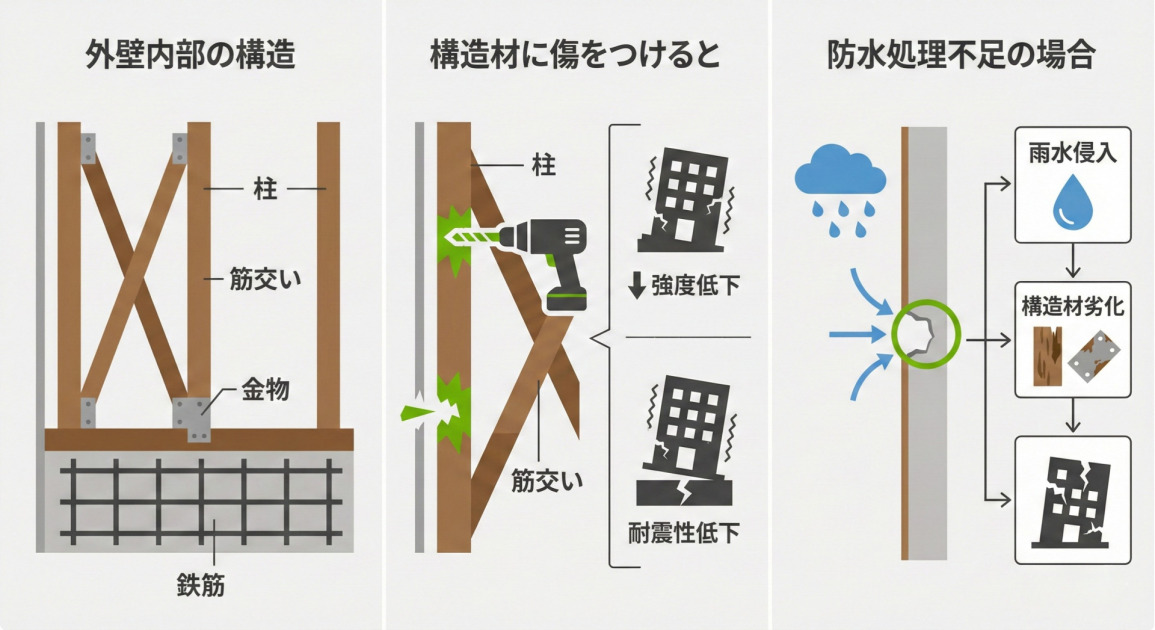 外壁への穴あけ作業に伴うリスクを説明する3部構成のインフォグラフィック。左のパネルは「外壁内部の構造」と題し、木造壁内の柱、筋交い、金物、および基礎の鉄筋を図示している。中央のパネルは「構造材に傷をつけると」と題し、ドリルが柱や筋交いを損傷させることで、建物の「強度低下」と「耐震性低下」を引き起こすリスクがあることを、揺れてひび割れる建物のイラストで示している。右のパネルは「防水処理不足の場合」と題し、外壁の穴から雨水が侵入し、「構造材劣化」（木材の腐朽や金属の腐食）を経て、最終的に「建物劣化」に至るプロセスをフローチャートとアイコンで説明している。