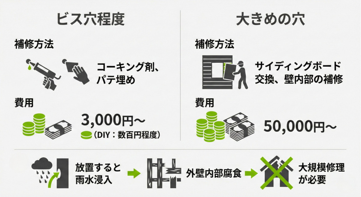 外壁の穴のサイズ別補修方法と費用、放置リスクをまとめたインフォグラフィック。左側は「ビス穴程度」で、補修方法はコーキング剤、パテ埋め（イラストあり）、費用は3,000円〜（DIY：数百円程度）。右側は「大きめの穴」で、補修方法はサイディングボード交換、壁内部の補修（イラストあり）、費用は50,000円〜。下部には警告として、「※放置すると雨水浸入→外壁内部腐食→大規模修理が必要」という流れが雨や腐食した壁、バツ印の家のイラストと共に示されている。