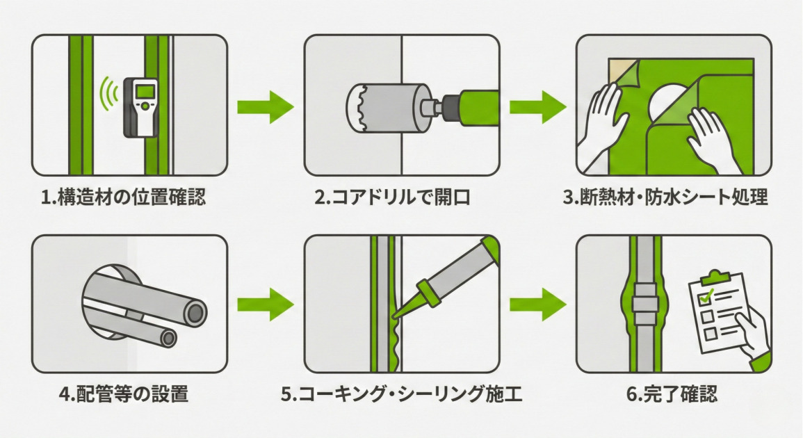 壁の穴あけから防水処理、完了確認までの施工手順を示す6ステップのイラスト付きフローチャート。 上段左から右へ： 1.「1.構造材の位置確認」：壁にセンサーを当てて内部の柱を探知しているイラスト。 2.「2.コアドリルで開口」：コアドリルで壁に円形の穴を開けているイラスト。 3.「3.断熱材・防水シート処理」：開口部周辺に防水シートと断熱材を施工しているイラスト。 下段左から右へ： 4.「4.配管等の設置」：開口部に配管を通しているイラスト。 5.「5.コーキング・シーリング施工」：配管と壁の隙間にコーキング剤を充填しているイラスト。 6.「6.完了確認」：施工が完了した配管部分と、チェックリストにチェックを入れている手のイラスト。 各ステップは緑色の矢印で順番に接続されている。