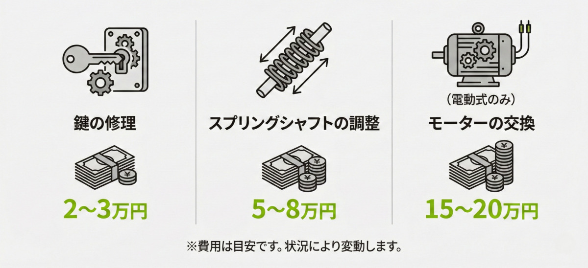 シャッターのメンテナンス費用を示したインフォグラフィック。鍵の修理は2〜3万円、スプリングシャフトの調整は5〜8万円、モーターの交換（電動式のみ）は15〜20万円と記載されている。※費用は目安です。状況により変動します。