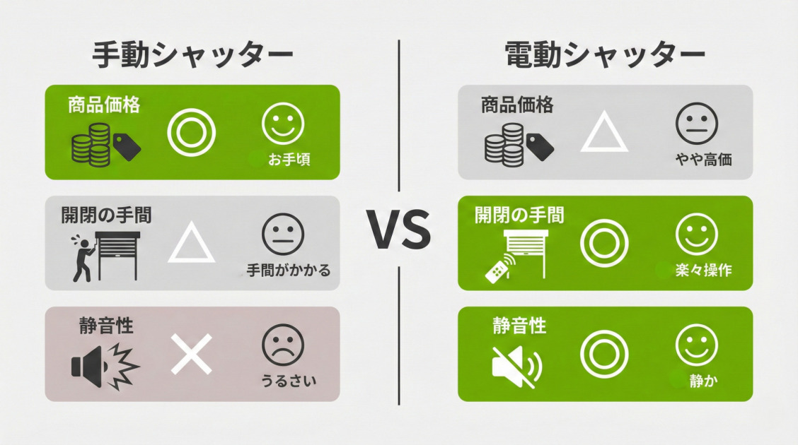 手動シャッターと電動シャッターを「商品価格」「開閉の手間」「静音性」の3項目で比較したインフォグラフィック。中央に「VS」の文字があり、左右に対比されている。左側の手動シャッターは、商品価格が「◎ お手頃」（緑色背景、笑顔）、開閉の手間が「△ 手間がかかる」（グレー背景、困り顔、手動操作アイコン）、静音性が「× うるさい」（グレー背景、しかめっ面、騒音アイコン）となっている。右側の電動シャッターは、商品価格が「△ やや高価」（グレー背景、困り顔）、開閉の手間が「◎ 楽々操作」（緑色背景、笑顔、リモコン操作アイコン）、静音性が「◎ 静か」（緑色背景、笑顔、静音アイコン）となっている。良い評価は緑色、それ以外はグレーで色分けされ、視覚的に分かりやすく表現されている。