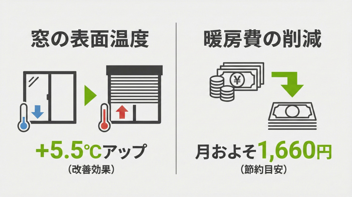 シャッター後付けによる暖房効果と節約効果を示すインフォグラフィック。左側の「窓の表面温度」では、シャッターの設置前後を比較する窓と温度計のイラストで、表面温度が「+5.5℃アップ（改善効果）」することを示している。右側の「暖房費の削減」では、お金と矢印のイラストで、暖房費が「月およそ1,660円（節約目安）」削減できることを示している。