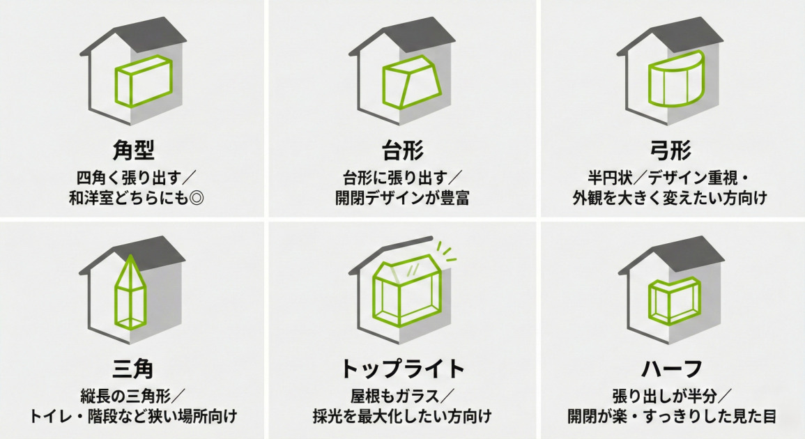 出窓6種類の形状と特徴、向いている場所をイラストで解説したインフォグラフィック。上段左から、「角型」は四角く張り出し和洋室どちらにも向く。「台形」は台形に張り出し開閉デザインが豊富。「弓形」は半円状でデザイン重視、外観を大きく変えたい方向け。下段左から、「三角」は縦長の三角形でトイレ・階段など狭い場所向け。「トップライト」は屋根もガラスで採光を最大化したい方向け。「ハーフ」は張り出しが半分で開閉が楽、すっきりした見た目。