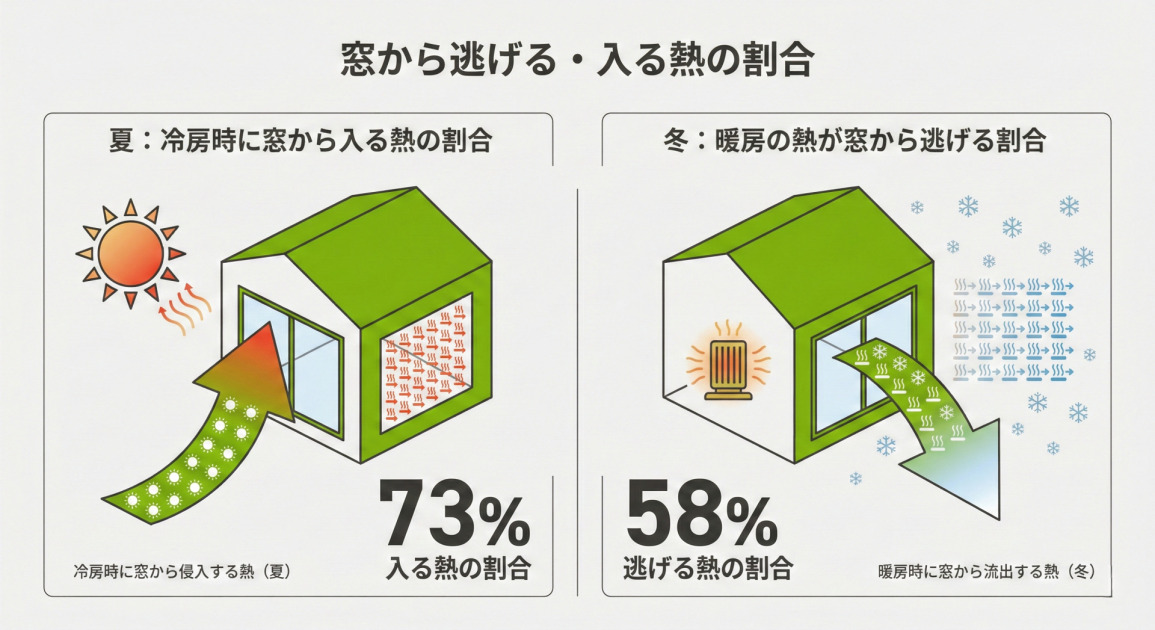 窓から逃げる・入る熱の割合を示すインフォグラフィック。左側の「夏：冷房時に窓から入る熱の割合」では、太陽光が窓から家屋内に侵入する様子がイラストで描かれ、「73% 入る熱の割合」と大きく表示されている。右側の「冬：暖房の熱が窓から逃げる割合」では、室内の暖房熱が窓から屋外へ流出する様子がイラストで描かれ、「58% 逃げる熱の割合」と大きく表示されている。全体は影のないフラットなアイソメトリックデザインで、緑色をアクセントカラーとしたシンプルな構成になっている。