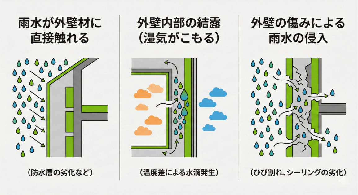 外壁が腐食する3つの主な原因を示すインフォグラフィック。左側のパネルは「雨水が外壁材に直接触れる（防水層の劣化など）」、中央のパネルは「外壁内部の結露（湿気がこもる、温度差による水滴発生）」、右側のパネルは「外壁の傷みによる雨水の侵入（ひび割れ、シーリングの劣化）」の状況を、それぞれフラットなアイソタイプ（ピクトグラム）の図解で説明している。全体は白背景にグレーの文字、緑色のアクセントカラーで構成されたシンプルなデザイン。
