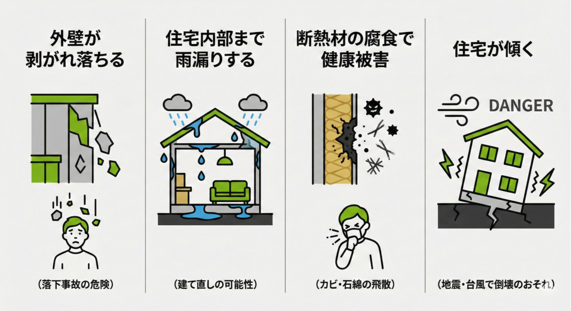 外壁の腐食を放置した場合に生じる4つの主なリスクを示すインフォグラフィック。左から順に4つのパネルが横並びで構成されている。各パネルはフラットなアイソタイプ（ピクトグラム）のイラストと、サンセリフ体の日本語テキストで構成され、背景は薄いグレー、アクセントカラーに緑が使用されている。

左端のパネル: 見出しは「外壁が剥がれ落ちる」。イラストは建物の外壁の一部が崩れ落ち、その下にいる人物が落下物を避けるように見上げている様子。下部に「（落下事故の危険）」というキャプションがある。

中央左のパネル: 見出しは「住宅内部まで雨漏りする」。イラストは雨が降る中、家の屋根から内部に水が漏れ、部屋の家具が濡れて床に水たまりができている断面図。下部に「（建て直しの可能性）」というキャプションがある。

中央右のパネル: 見出しは「断熱材の腐食で健康被害」。イラストは壁の内部構造の断面図で、断熱材が黒く腐食し、カビの胞子や石綿のような繊維状の物質が飛散している様子と、マスクをして咳き込んでいる人物。下部に「（カビ・石綿の飛散）」というキャプションがある。

右端のパネル: 見出しは「住宅が傾く」。イラストは地震や強風を示す記号とともに、大きく傾いて基礎にひびが入った家。上部に「DANGER」の文字、下部に「（地震・台風で倒壊のおそれ）」というキャプションがある。