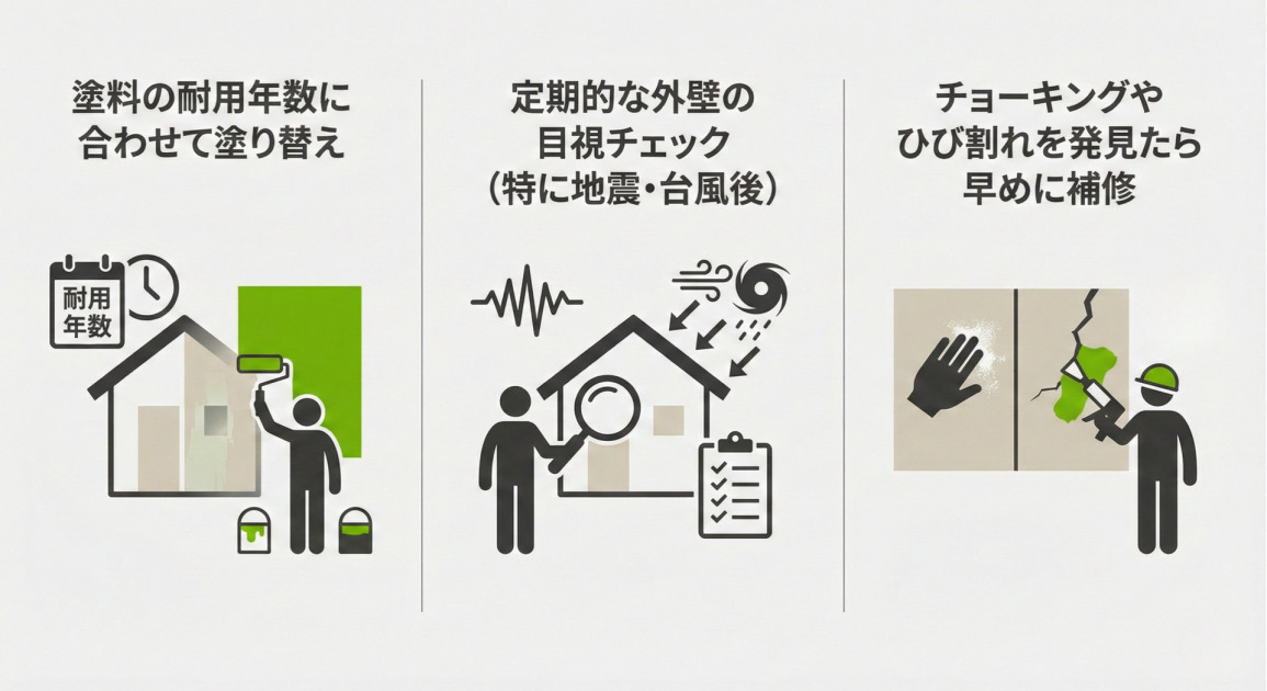 外壁の腐食を防ぐための3つの主要な予防策を示すインフォグラフィック。左から順に3つのパネルが横並びで構成されている。各パネルはフラットなアイソタイプ（ピクトグラム）のイラストと、サンセリフ体の日本語テキストで構成され、背景は薄いグレー、アクセントカラーに緑が使用されている。

左端のパネル: 見出しは「塗料の耐用年数に合わせて塗り替え」。イラストは「耐用年数」と書かれたカレンダーと時計のアイコンの横で、人物が古い外壁にローラーで緑色の塗料を塗っている様子。

中央のパネル: 見出しは「定期的な外壁の目視チェック（特に地震・台風後）」。イラストは、地震の波形と台風（風と雨）のアイコンを背景に、大きな虫眼鏡を持って家の外壁を点検している人物と、チェックリストのボード。

右端のパネル: 見出しは「チョーキングやひび割れを発見したら早めに補修」。イラストは、壁を触って手に白い粉（チョーキング）が付いている様子と、ヘルメットを被った人物が壁のひび割れを工具で補修している様子。