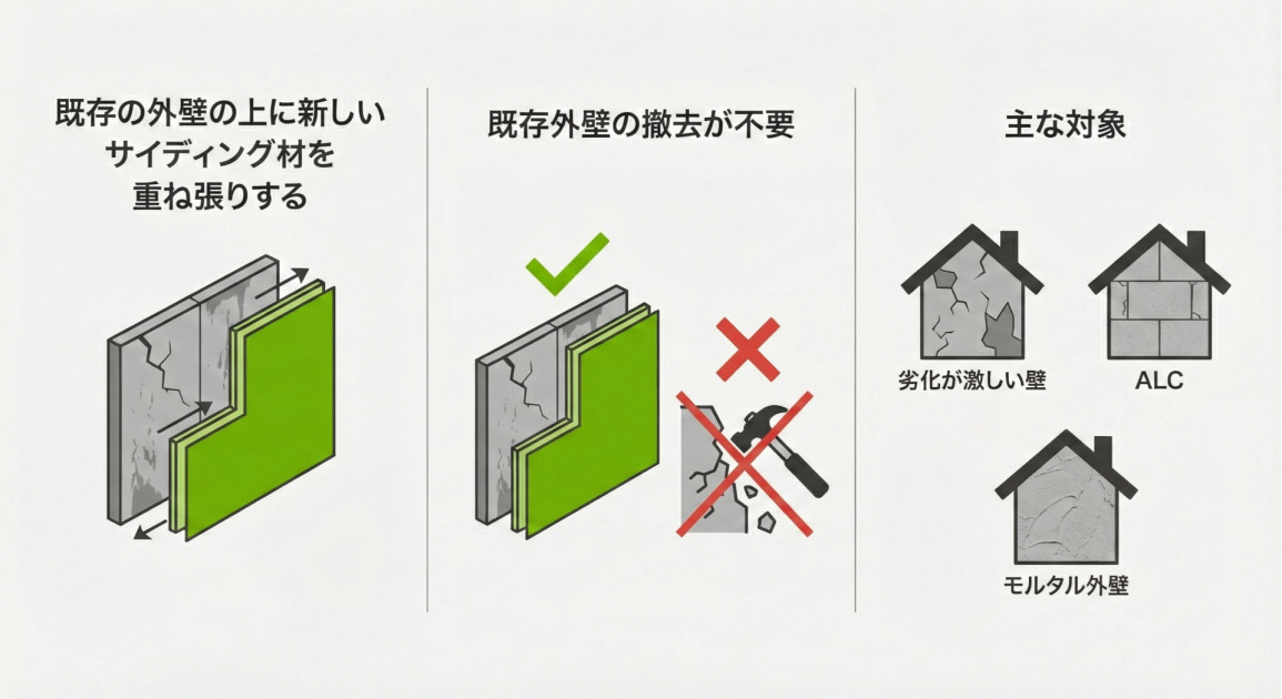 外壁カバー工法の仕組みを説明するインフォグラフィック。左パネルでは「既存の外壁の上に新しいサイディング材を重ね張りする」方法を、古い壁に新しいパネルを重ねる図と「（重ね張り）」というキャプションで示している。中央パネルでは「既存外壁の撤去が不要」な点を、重ね張りにチェックマーク、解体作業にバツマークを付けた図と「（廃材が出ない）」というキャプションで表現している。右パネルでは「主な対象」として、「劣化が激しい壁」「ALC」「モルタル外壁」の3種類の家のイラストを挙げている。全体的に緑色をアクセントカラーとし、シンプルなイラストとテキストで構成されている。