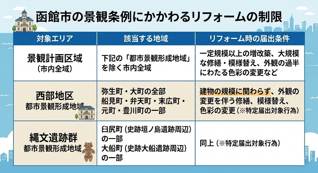 函館市の景観条例にかかわるリフォームの制限一覧表。市内全域の景観計画区域では一定規模以上の増改築等が届出対象となりますが、西部地区および縄文遺跡群の都市景観形成地域では、建物の規模に関わらず外観の変更を伴う修繕や色彩変更が「特定届出対象行為」となることが示されている