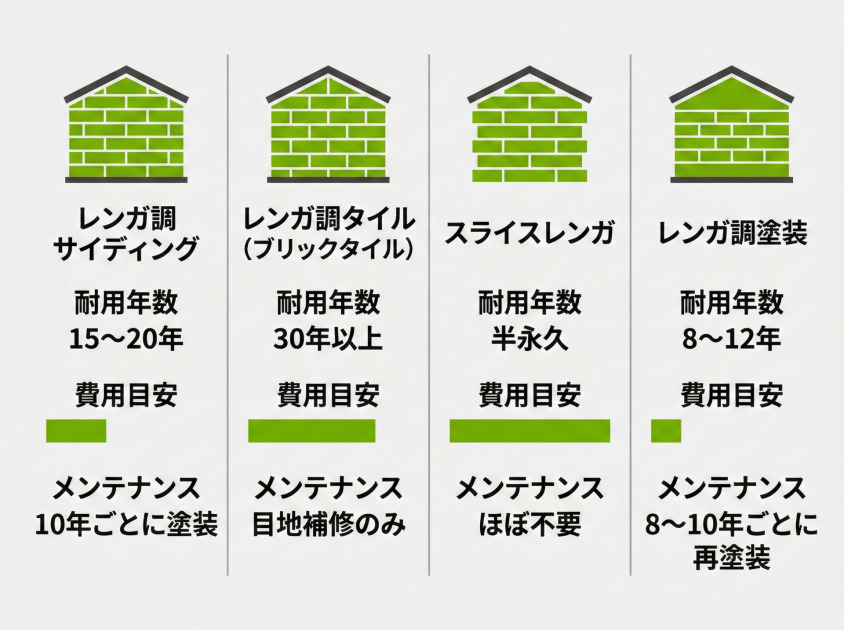 レンガ調外壁4種類の比較図（サイディング・タイル・スライスレンガ・塗装の耐用年数・費用・メンテナンスを比較）