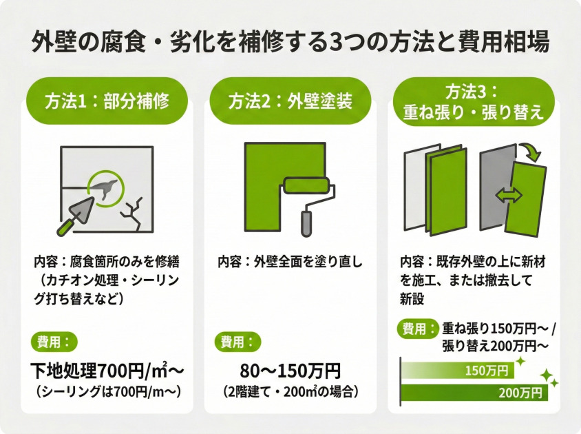外壁腐食の補修方法と費用相場の比較（部分補修・外壁塗装・重ね張り・張り替え）
