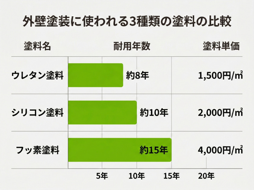 外壁塗装の塗料3種（ウレタン・シリコン・フッ素）の耐用年数と費用比較