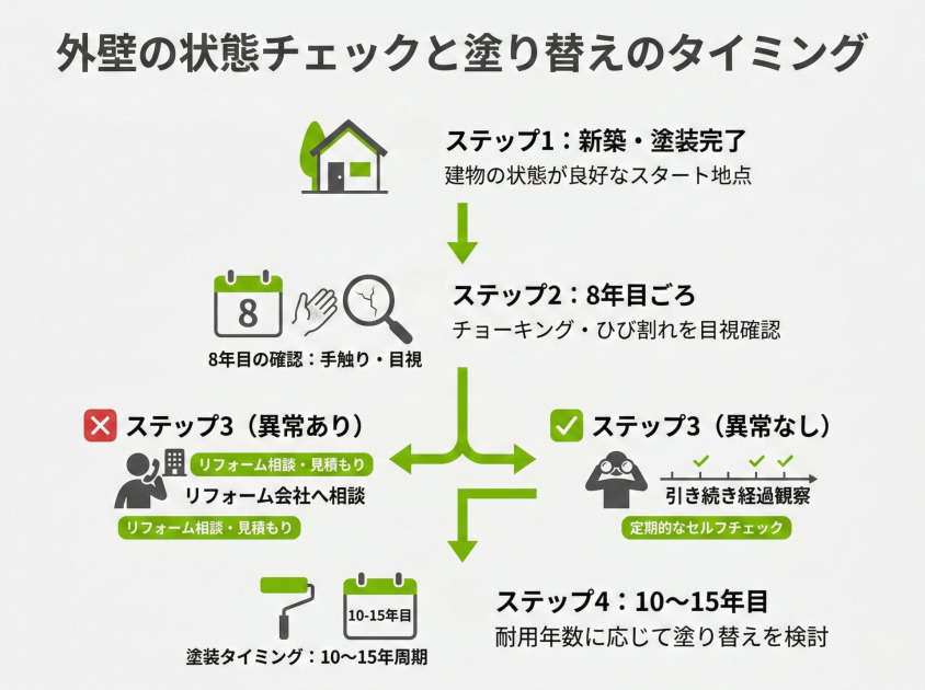外壁のメンテナンスチェックと塗り替えタイミングのフロー図（新築から15年目まで）