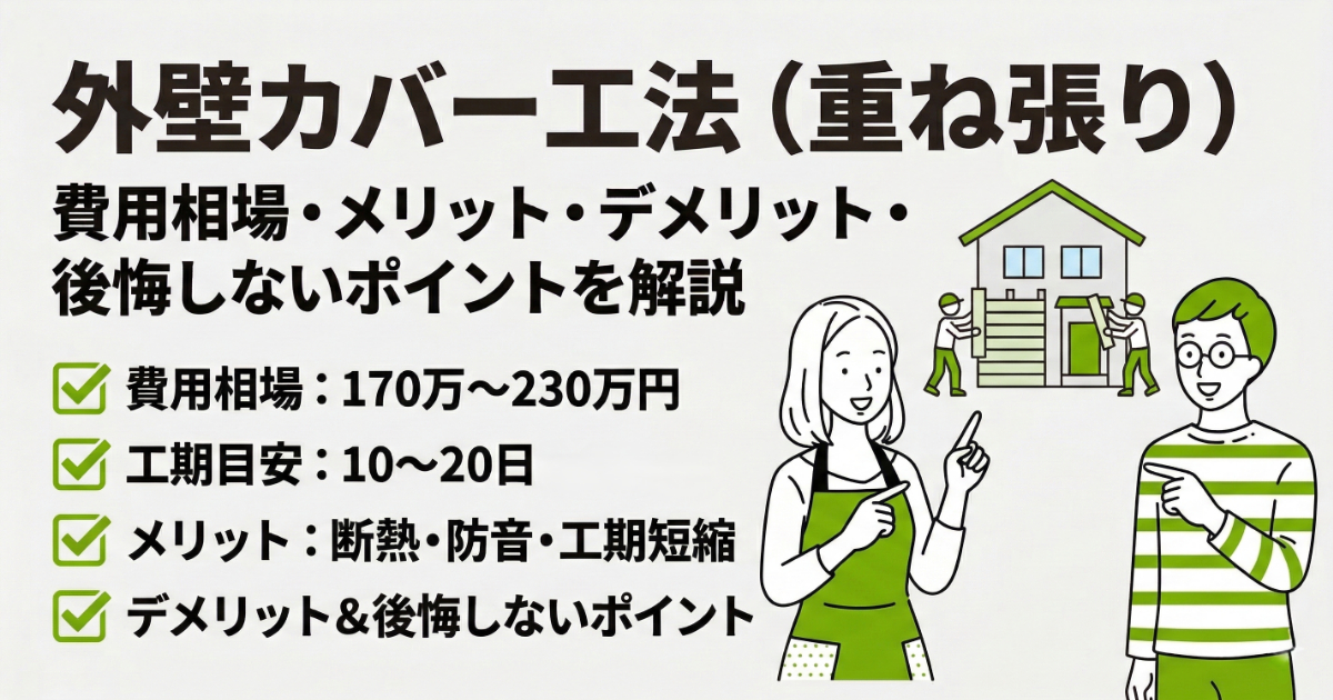 外壁カバー工法（重ね張り）の費用相場・メリット・デメリット・後悔しないポイントを解説する記事のアイキャッチ画像