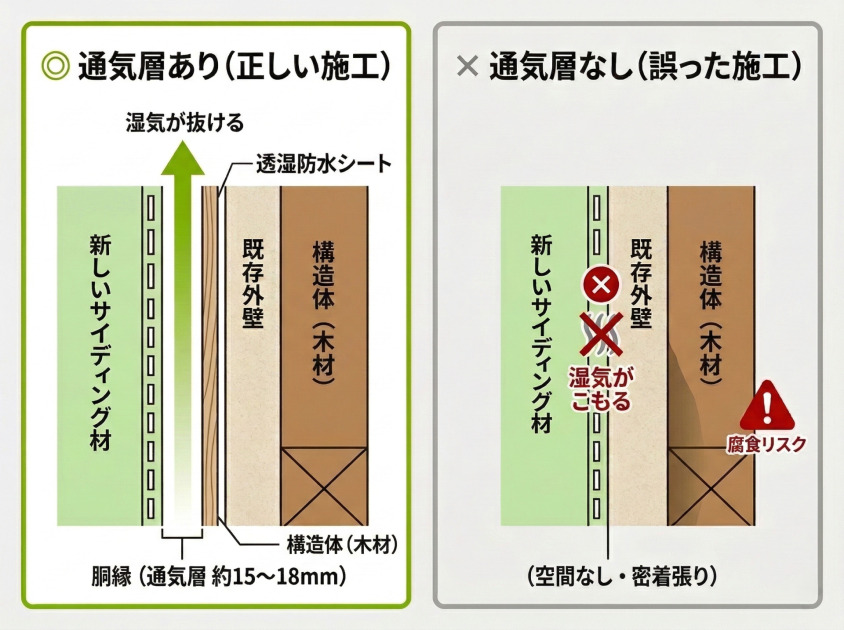 外壁カバー工法における通気層ありの正しい施工と通気層なしの誤った施工の断面比較図
